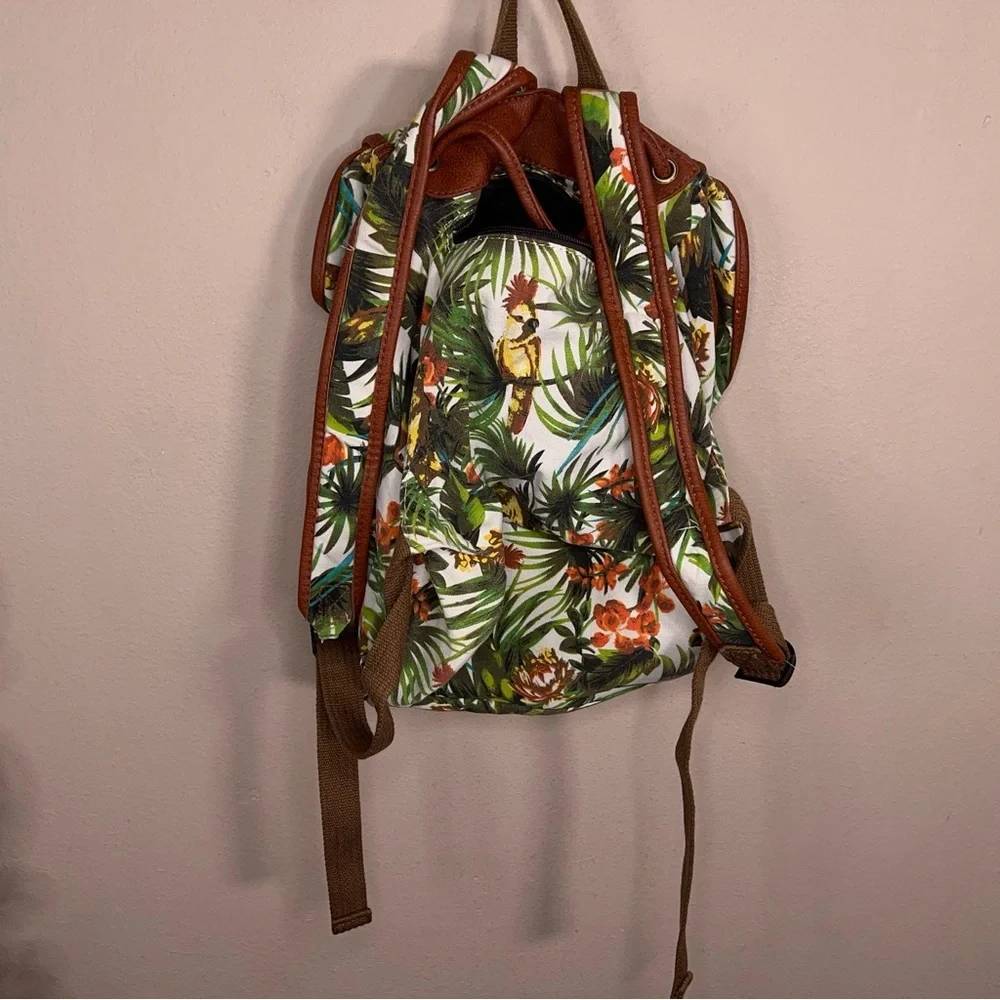Tropical Backpack Colorful Green White Tan Brown Faux Leather Trim Travel School